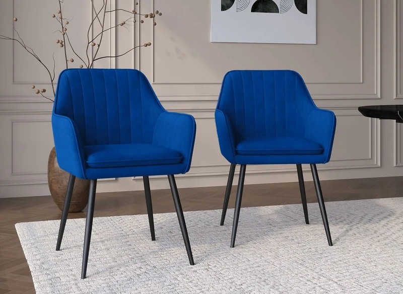 Lot de 2 chaises avec accoudoirs en velours bleu pieds noirs EDWIGE