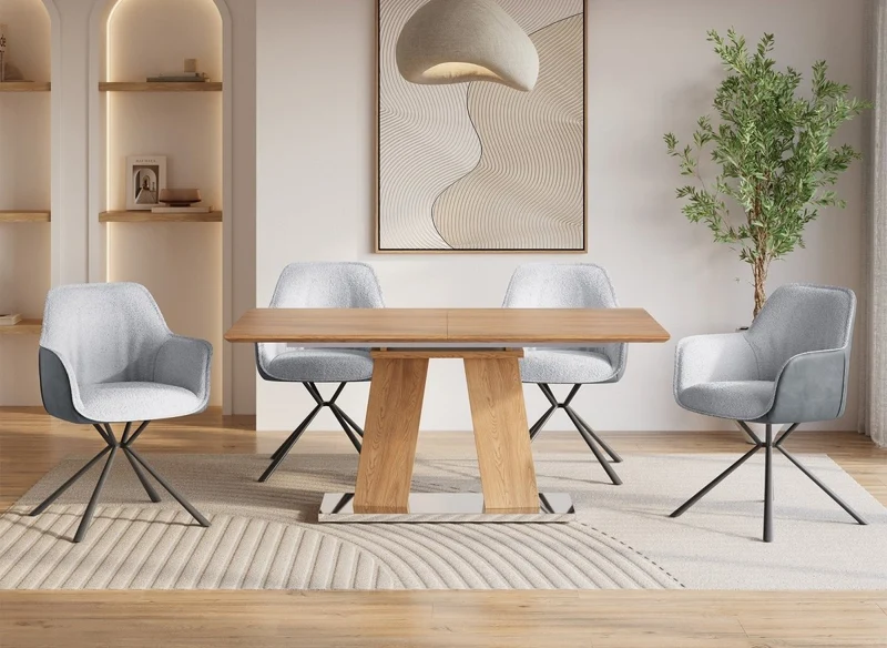 Lot de 2 chaises avec accoudoir tissu bouclette et simili cuir gris PIRO