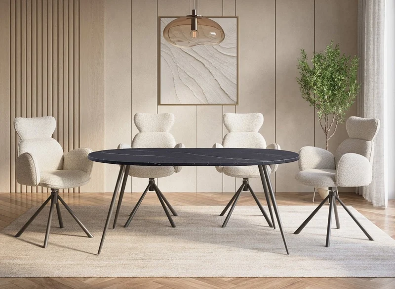 Table à manger ovale effet marbre gris 160cm DIWAN