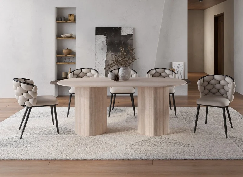Table à manger ovale en marbre composite beige 8 personnes 200cm DHARA