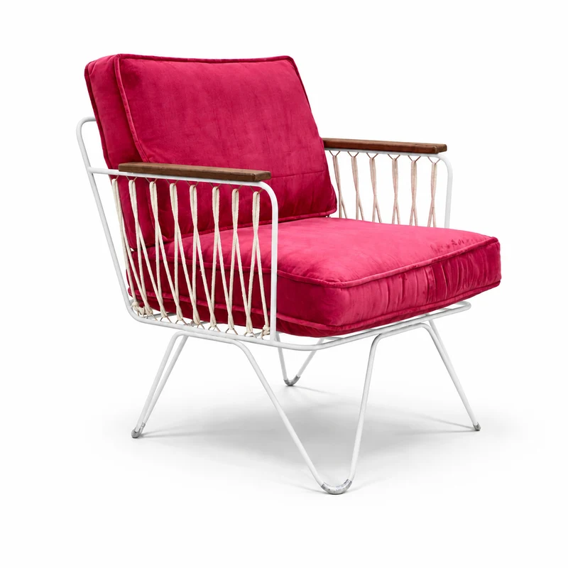 Fauteuil Croisette Velours fuchsia structure blanc accoudoir bois foncé