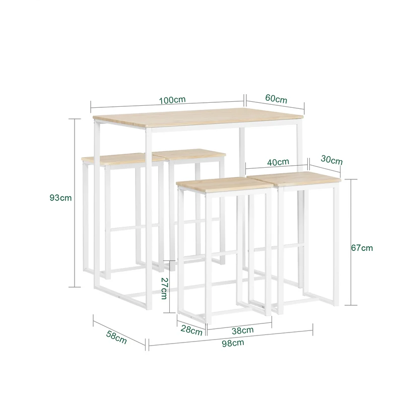 SoBuy OGT15-WN Ensemble Table Haute avec 1 Table et 4 Tabourets, Format Gain de Place, Format Compact, Design Fonctionnel – L100×P60×H96 cm, Blanc et Naturel