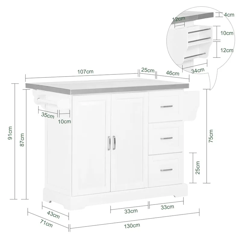 SoBuy FKW41-ST Desserte Cuisine avec Roulettes, Plan de Travail Extensible, 2 Tiroirs et Étagères Réglables, Mobile, Rangement Optimisé – L130×P46(+25)×H91 cm