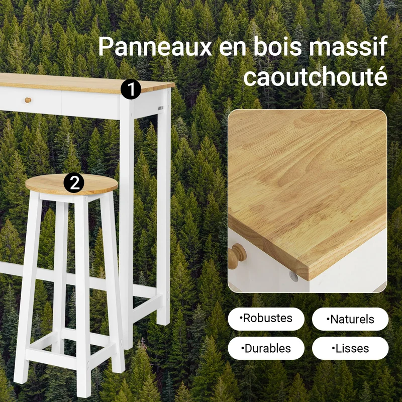 SoBuy FWT50-WN Set de 1 Table + 2 Tabourets Ensemble Table de Bar bistrot + 2 tabourets avec Repose-Pieds Table Mange-Debout Table Haute Cuisine – Blanc Naturel
