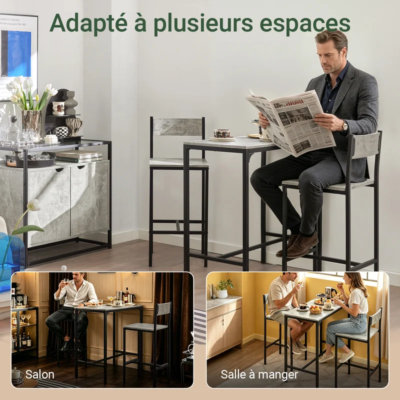 SoBuy OGT03-HG Ensemble Table Haute + 2 Tabourets – Table 87 cm, Tabourets Rangeables, Style Industriel Bois et Métal Noir