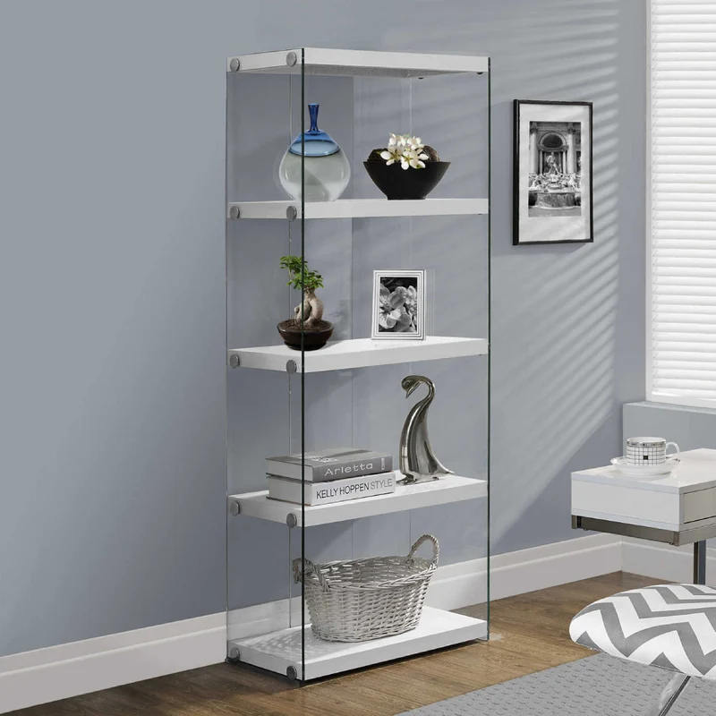Bibliothèque en verre trempé avec 4 tablettes en MDF/stratifié blanc lustré - I 3289