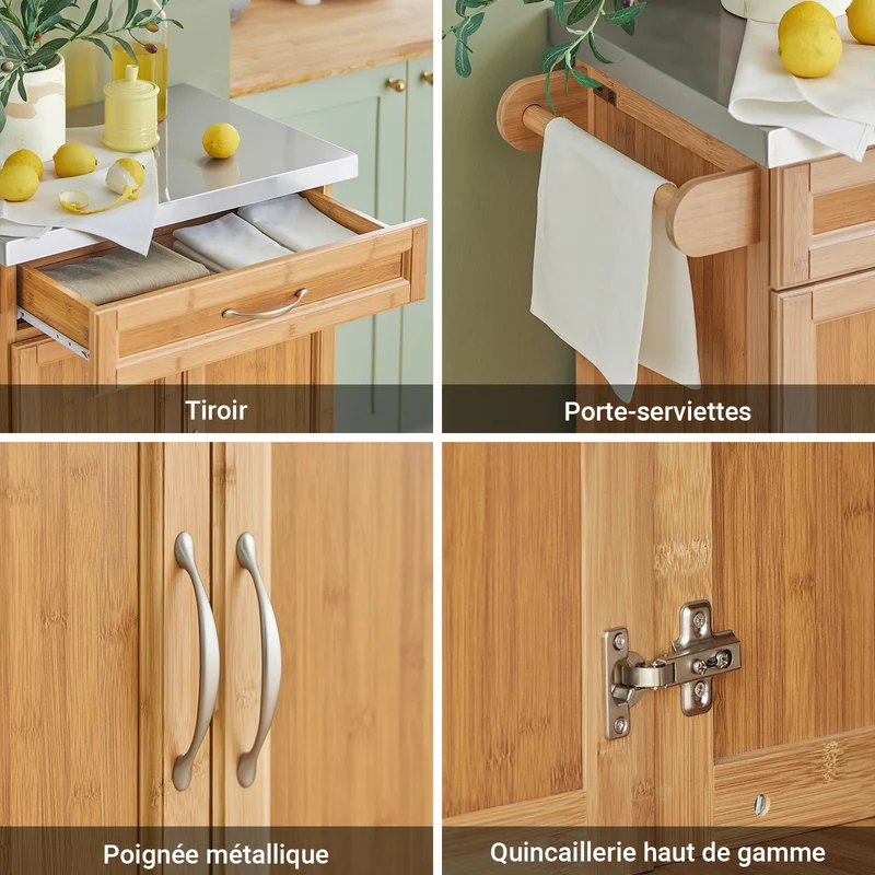SoBuy FKW13-N Desserte de Cuisine à Roulettes en Bambou avec Plan de Travail INOX, 1 Tiroir et 2 Portes, Chariot de Service – 66x46x92 cm, Naturel