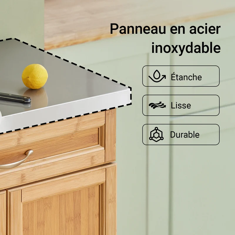 SoBuy FKW13-N Desserte de Cuisine à Roulettes en Bambou avec Plan de Travail INOX, 1 Tiroir et 2 Portes, Chariot de Service – 66x46x92 cm, Naturel