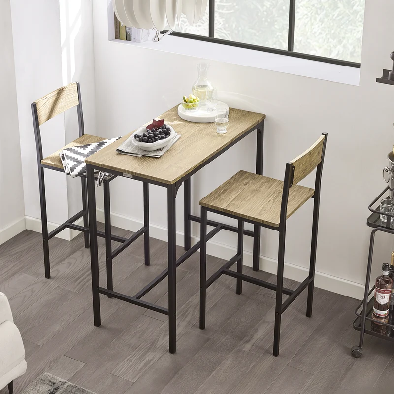 SoBuy OGT03-N Ensemble Table Haute avec 1 Table et 2 Tabourets, Format Gain de Place, Format Compact, Style Industriel, Usage Quotidien – Bois + Métal, Naturel