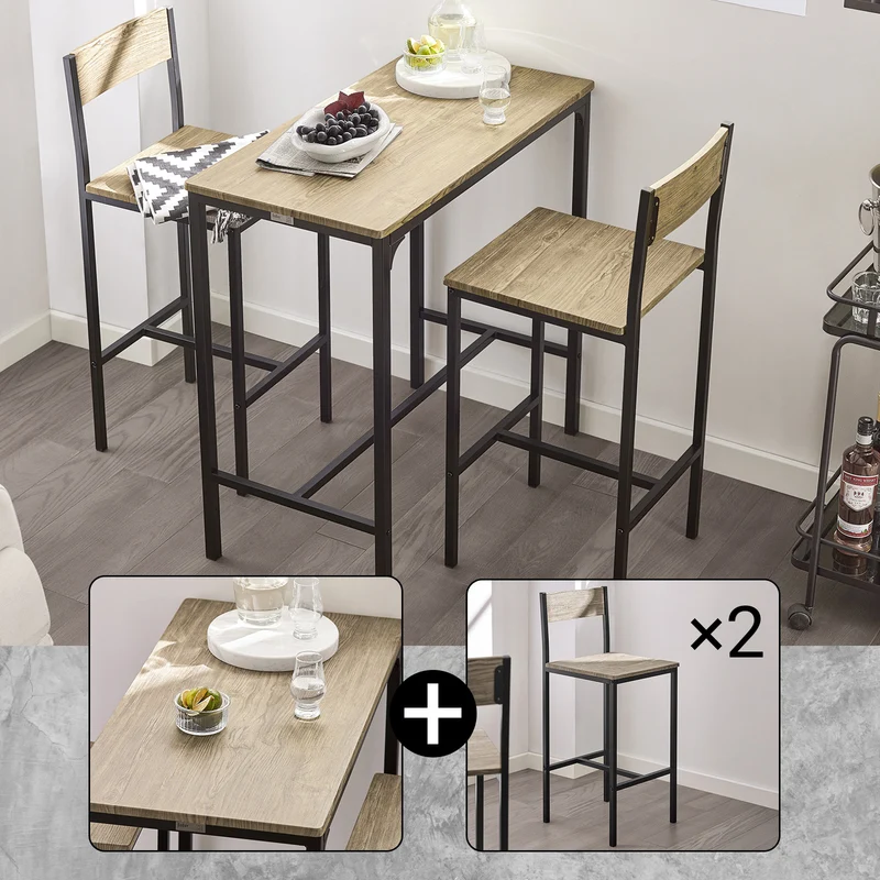 SoBuy OGT03-N Ensemble Table Haute avec 1 Table et 2 Tabourets, Format Gain de Place, Format Compact, Style Industriel, Usage Quotidien – Bois + Métal, Naturel
