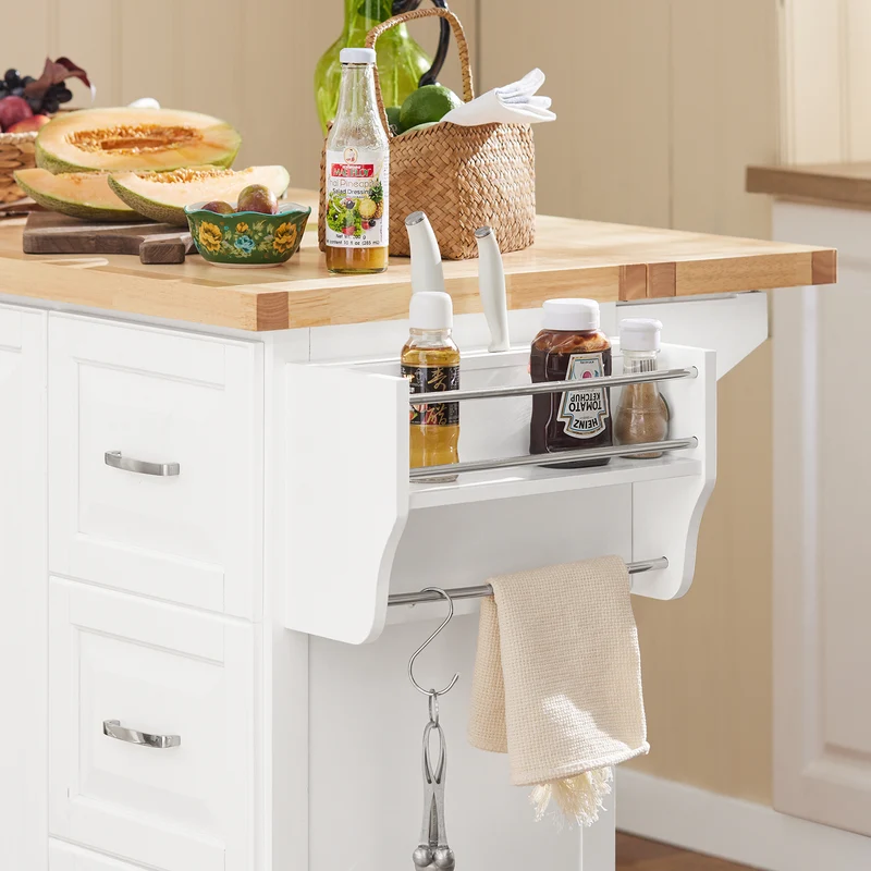 SoBuy FKW41-II-WN Îlot de Cuisine Mobile – Plan Extensible 46–71 cm, 3 Tiroirs, Armoire, Blanc et Bois Naturel