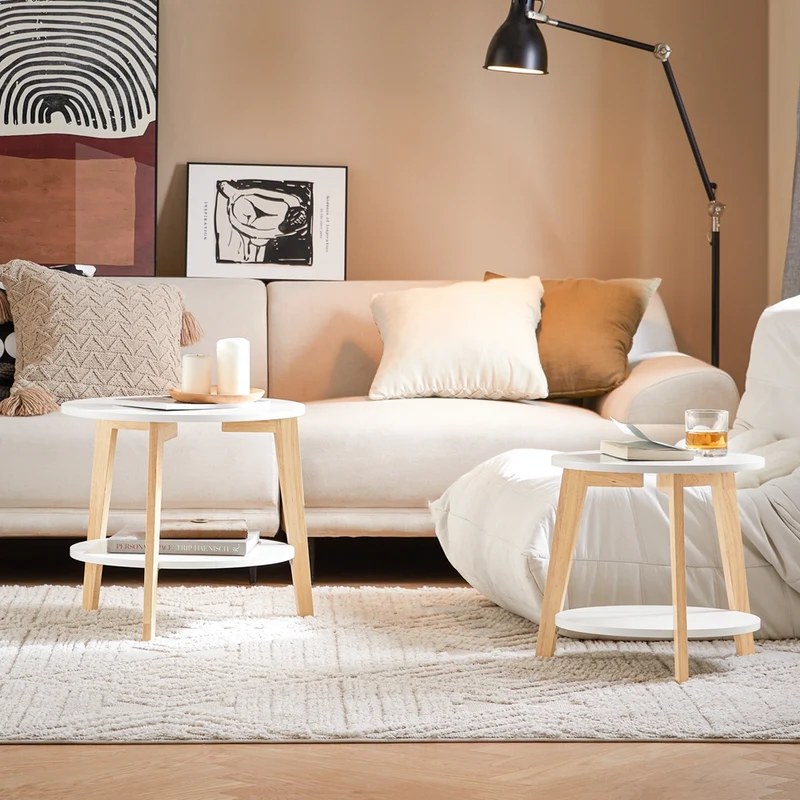 SoBuy FBT75-W Set de 2-Blanc et Bois Ronde Table d'Appoint Table Basse Ronde Guéridon