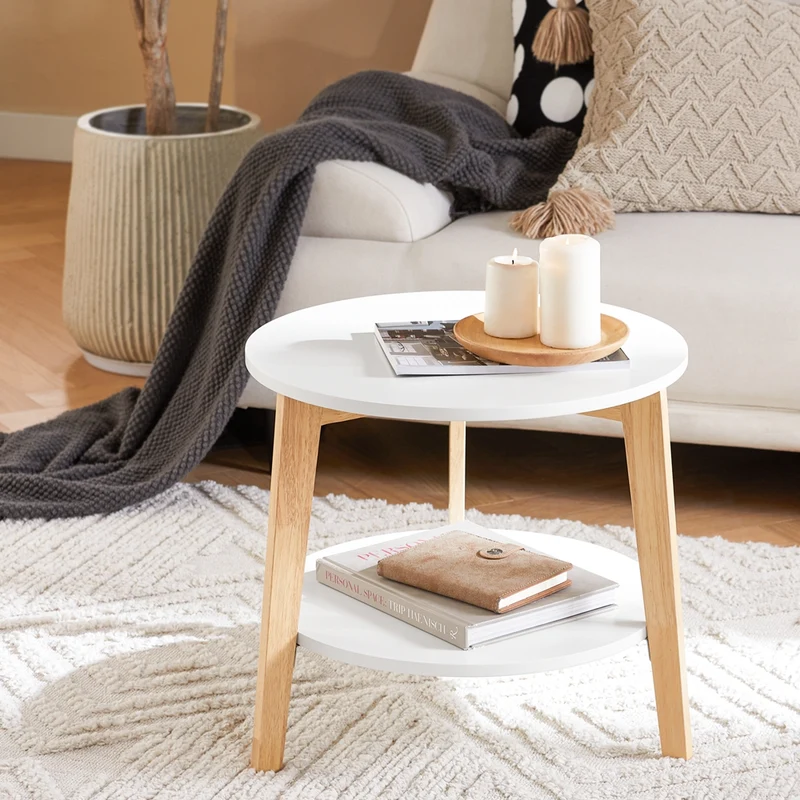SoBuy FBT75-W Set de 2-Blanc et Bois Ronde Table d'Appoint Table Basse Ronde Guéridon