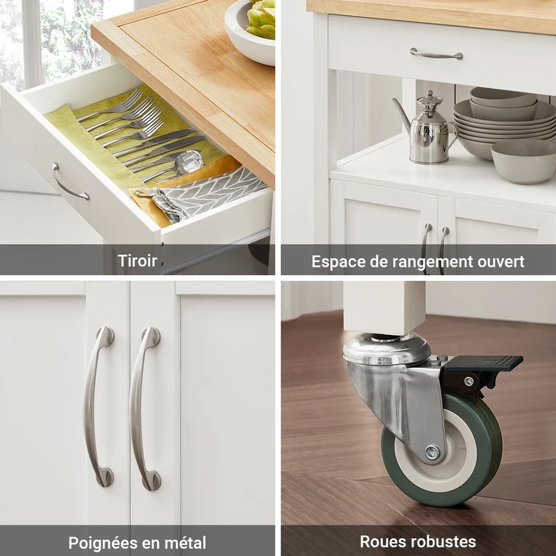 SoBuy FKW22-WN Desserte de Cuisine à Roulettes – Plan de Travail INOX, 1 Tiroir, 2 Portes, 60×45×92 cm, Blanc