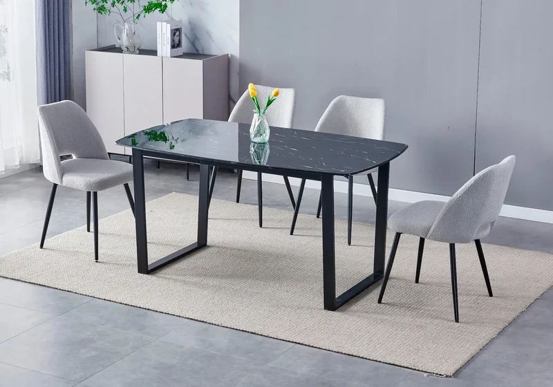 Ensemble table chaise noire marbre beige - Lyly