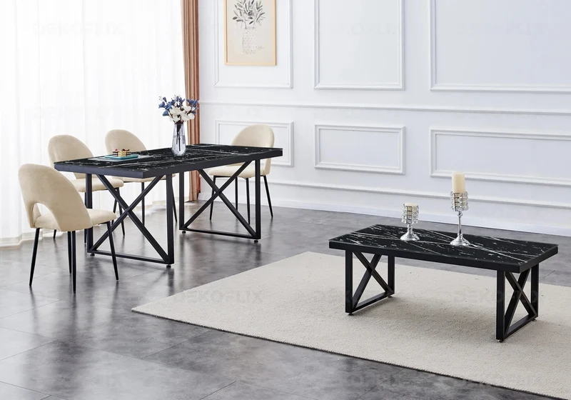 Table marbre noir et chaises taupes - Clara