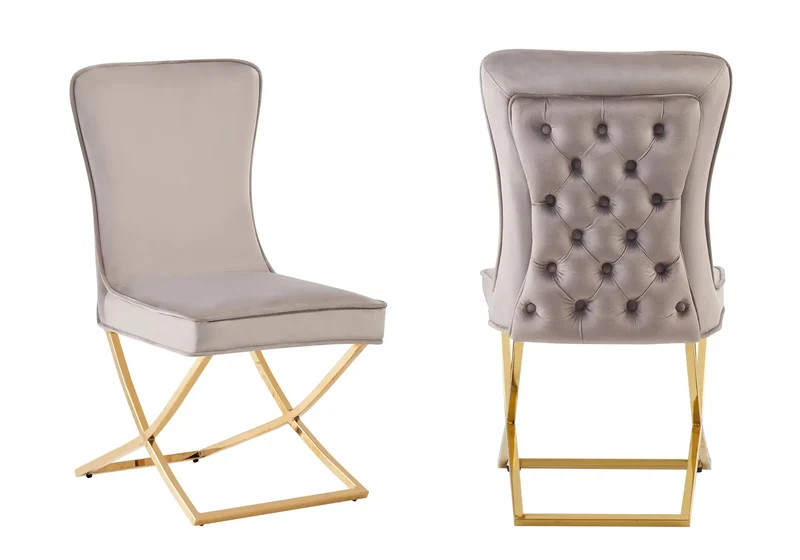 Ensemble table et chaises dorées velours taupe - Clara