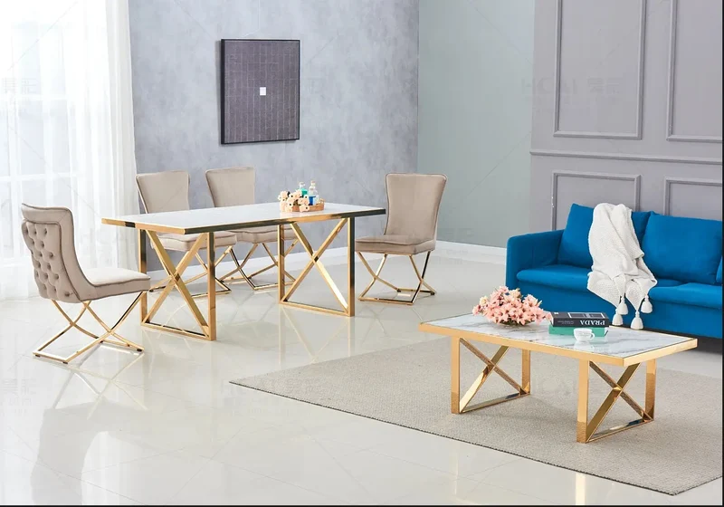 Ensemble table et chaises dorées velours taupe - Clara