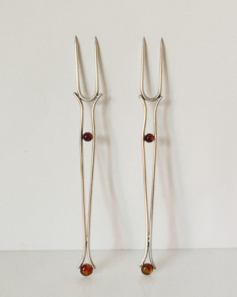 Silver Plated Serving Forks With Amber Inlay, Poland