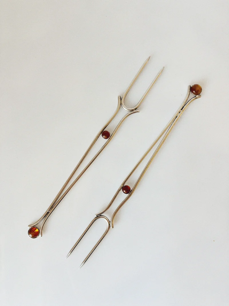 Silver Plated Serving Forks With Amber Inlay, Poland