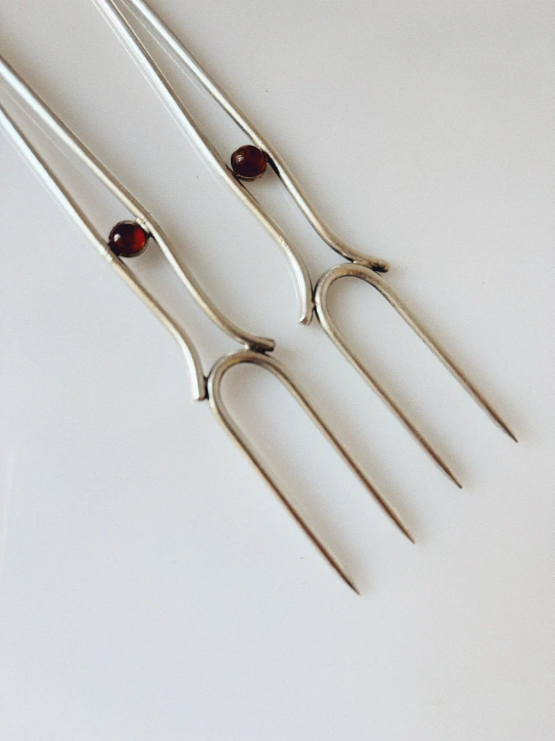 Silver Plated Serving Forks With Amber Inlay, Poland
