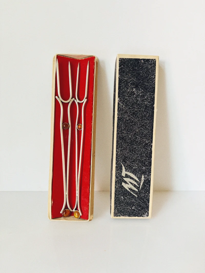 Silver Plated Serving Forks With Amber Inlay, Poland