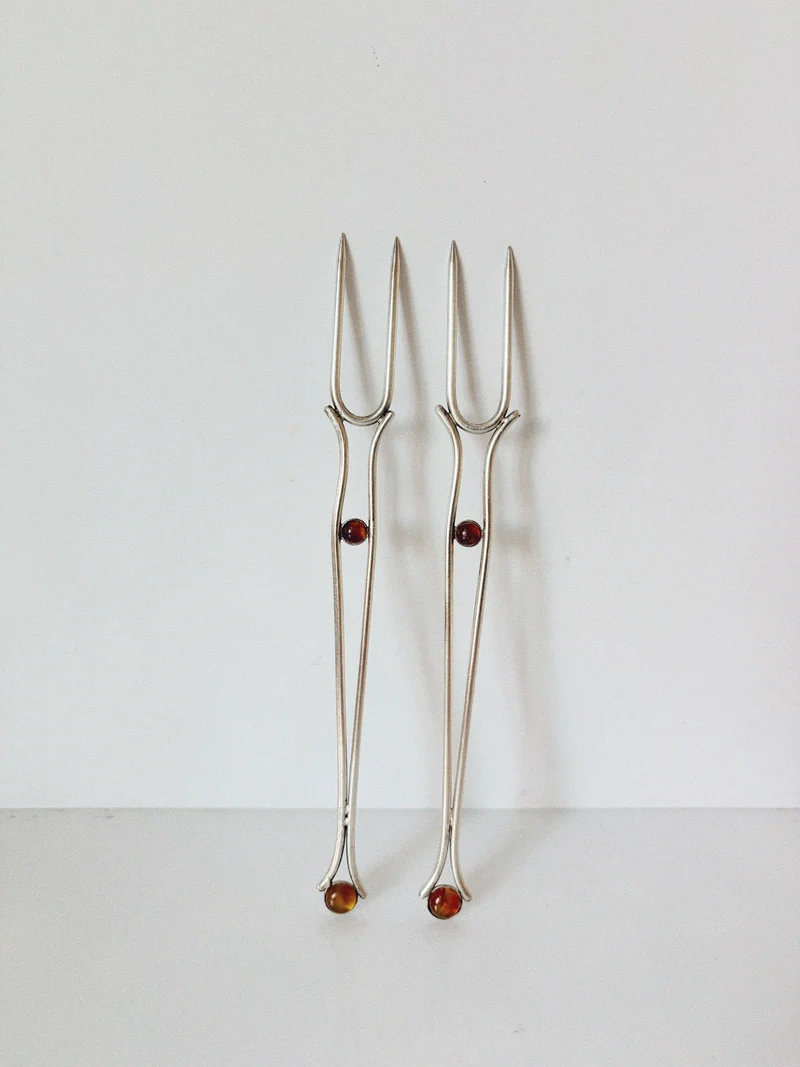 Silver Plated Serving Forks With Amber Inlay, Poland