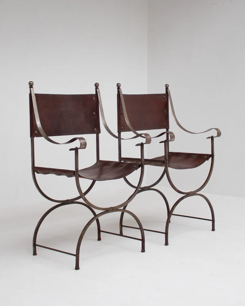 French pair of Iron Curule Chairs in Leather