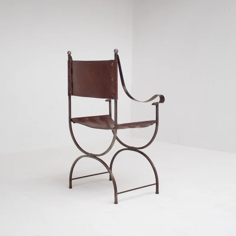 French pair of Iron Curule Chairs in Leather