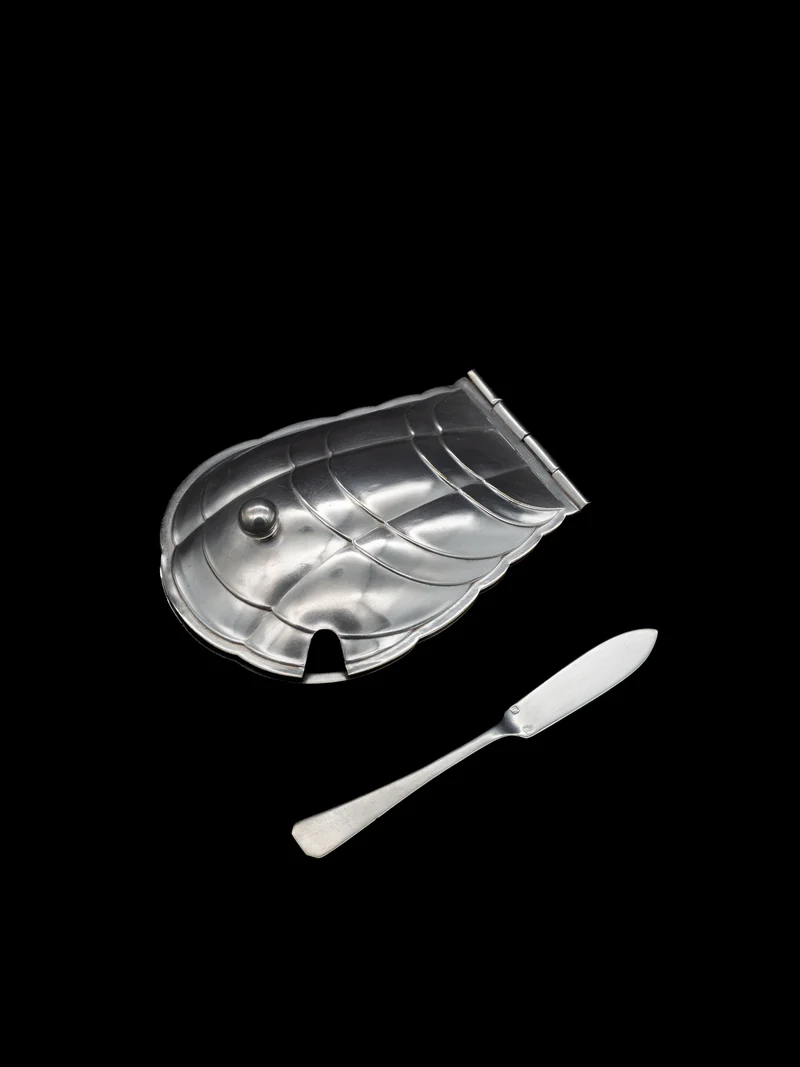Scallop Shell Butter Dish & Knife Set, France, c. 1910s