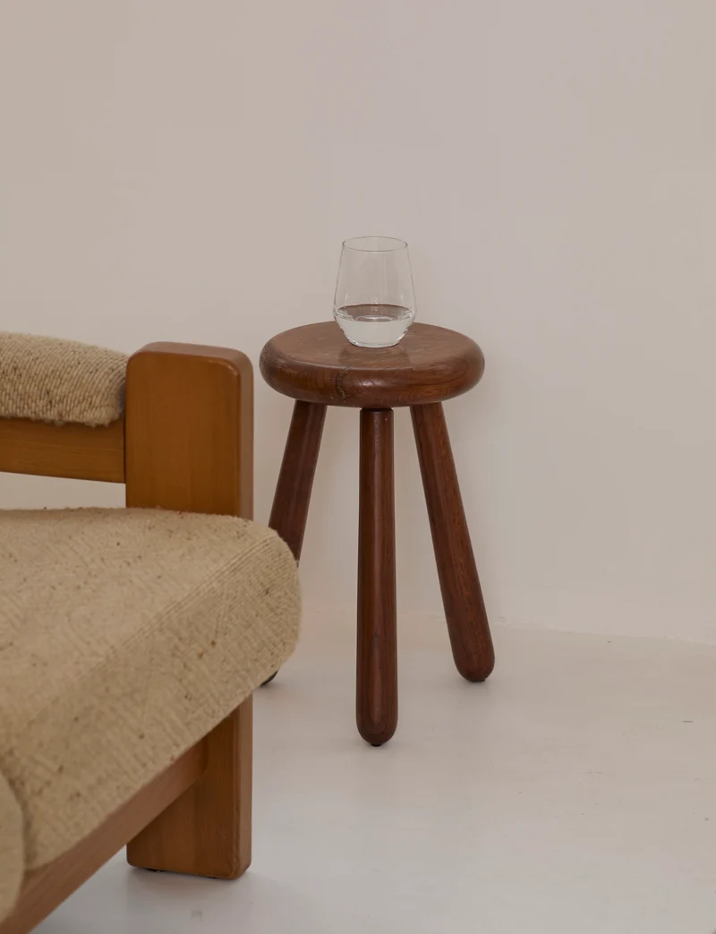 Vintage Brutalist Tripod Stool Handcrafted in Solid Oak Wood C. 1960