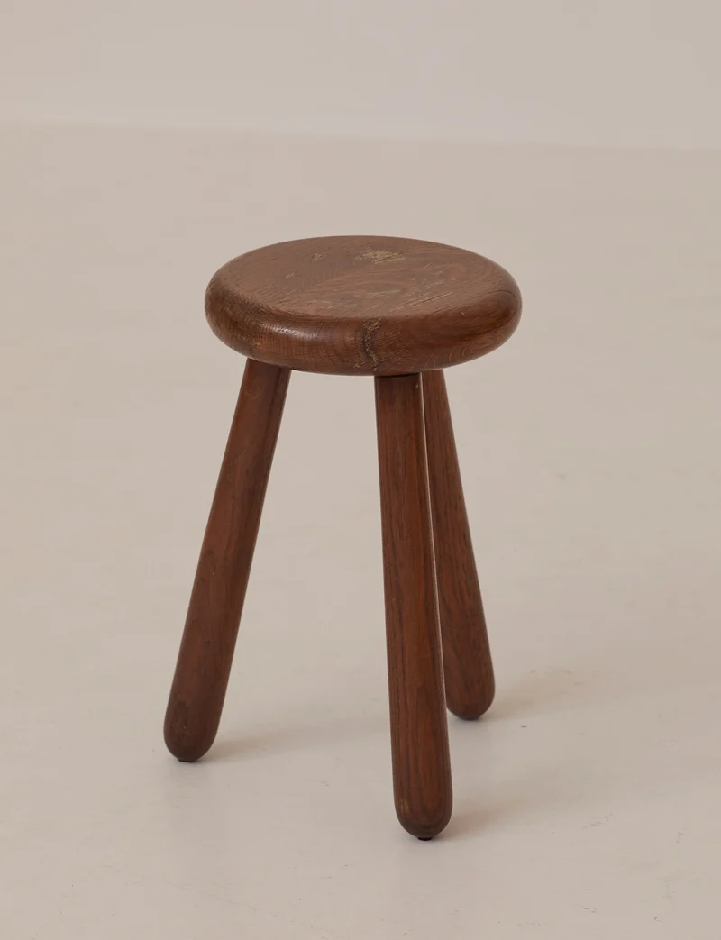 Vintage Brutalist Tripod Stool Handcrafted in Solid Oak Wood C. 1960