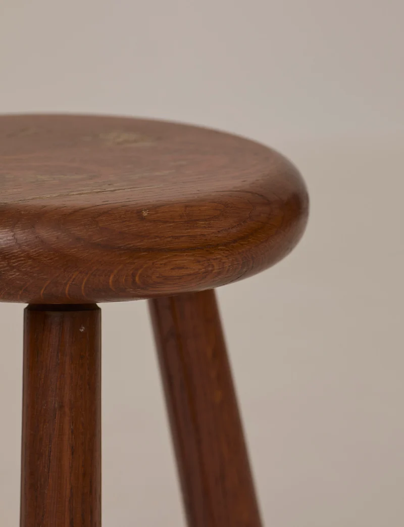 Vintage Brutalist Tripod Stool Handcrafted in Solid Oak Wood C. 1960