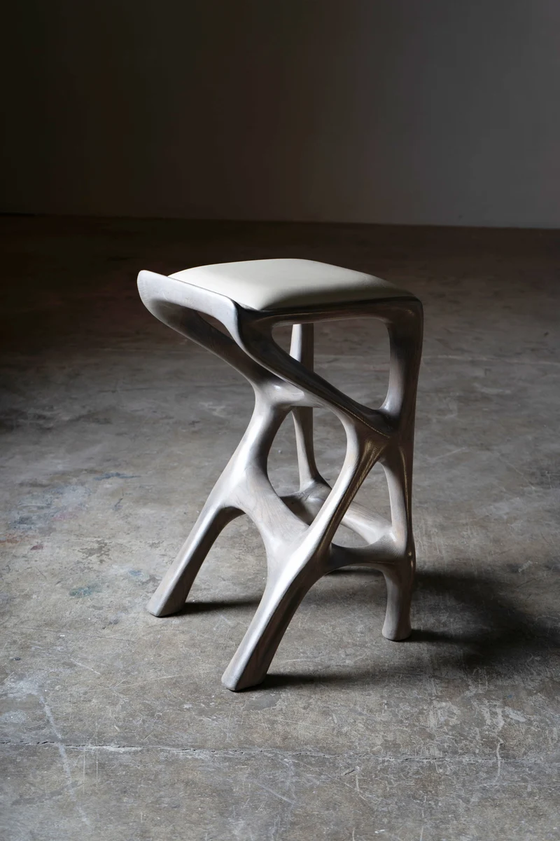 Sculptural Chimera Stool in Ash Wood with Upholstery
