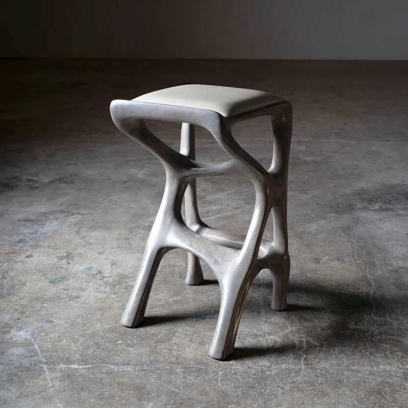 Sculptural Chimera Stool in Ash Wood with Upholstery