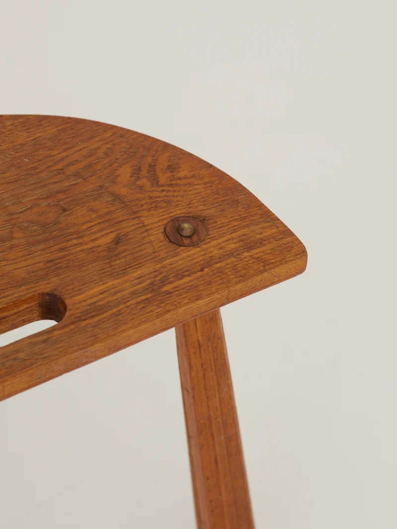 Two French Artisanal Solid Wood Half-moon Tripod Stools, Circa 1950