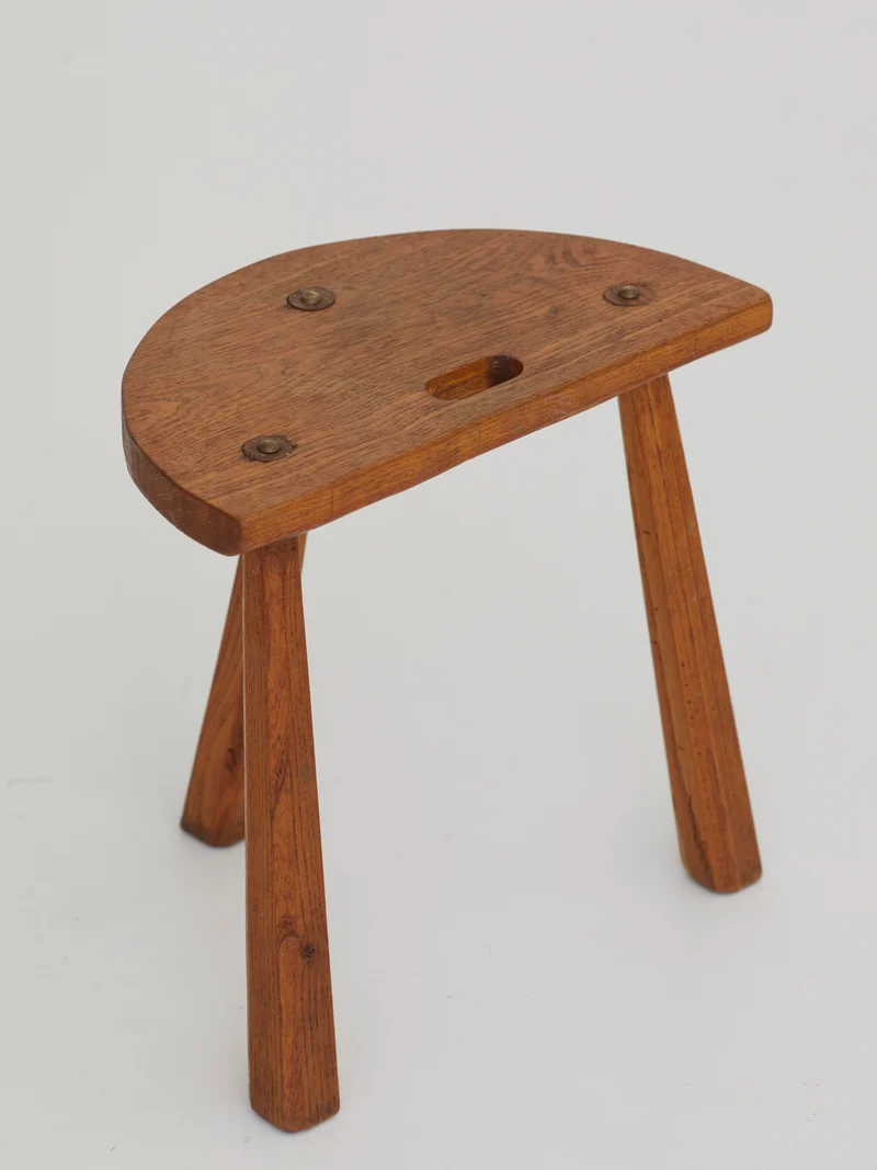 Two French Artisanal Solid Wood Half-moon Tripod Stools, Circa 1950