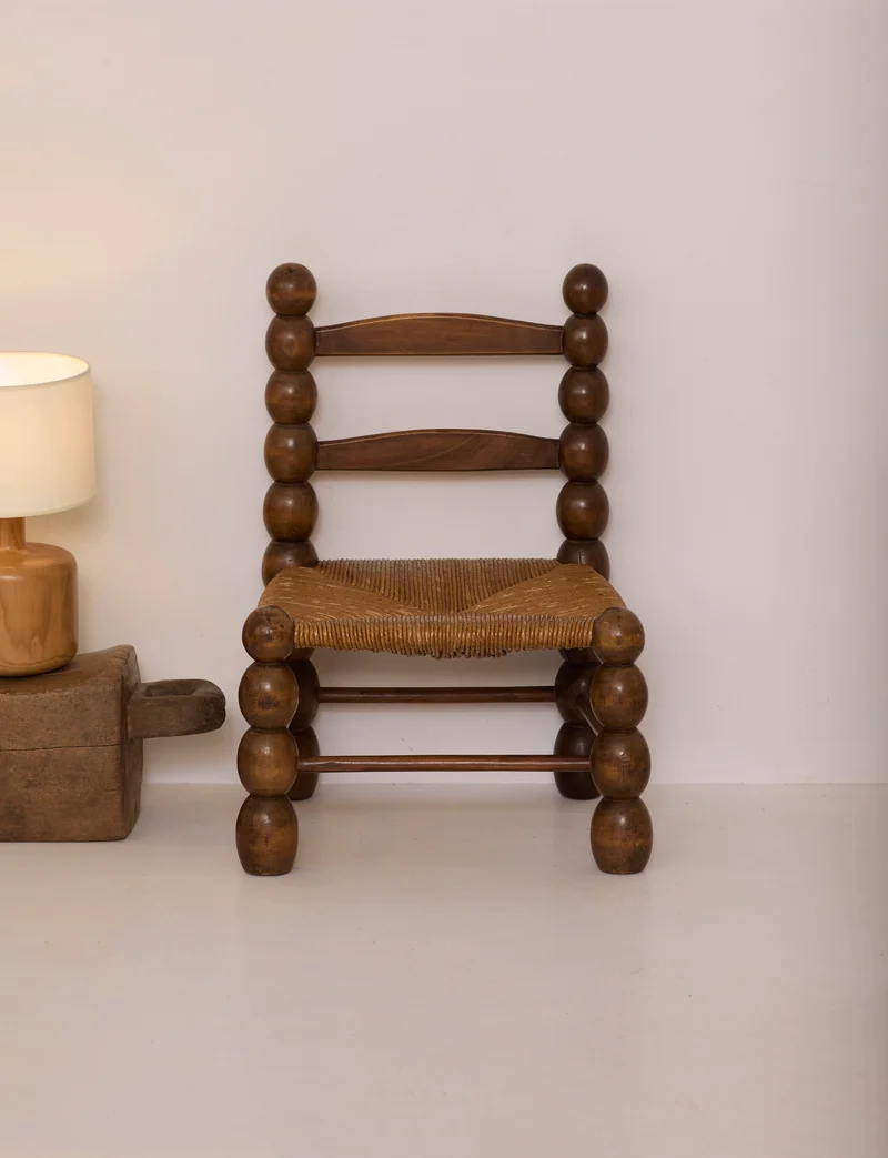 Vintage French Oak Wood and Straw Low Chair C. 1940