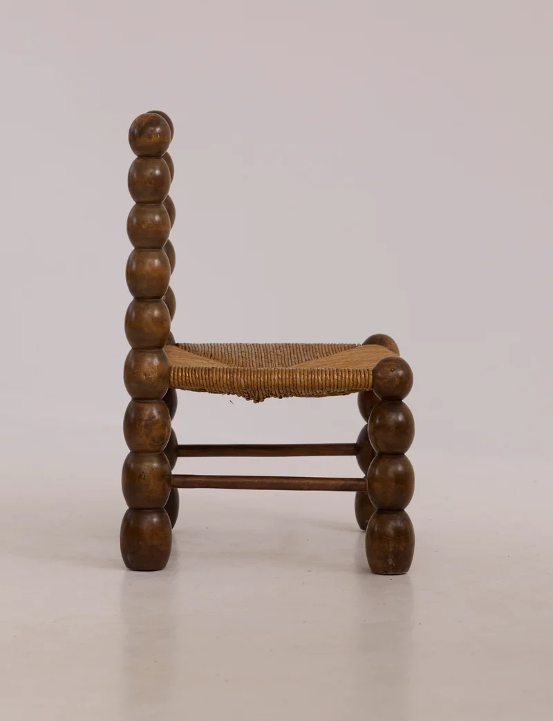 Vintage French Oak Wood and Straw Low Chair C. 1940