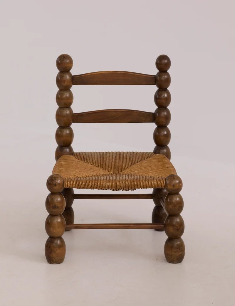 Vintage French Oak Wood and Straw Low Chair C. 1940