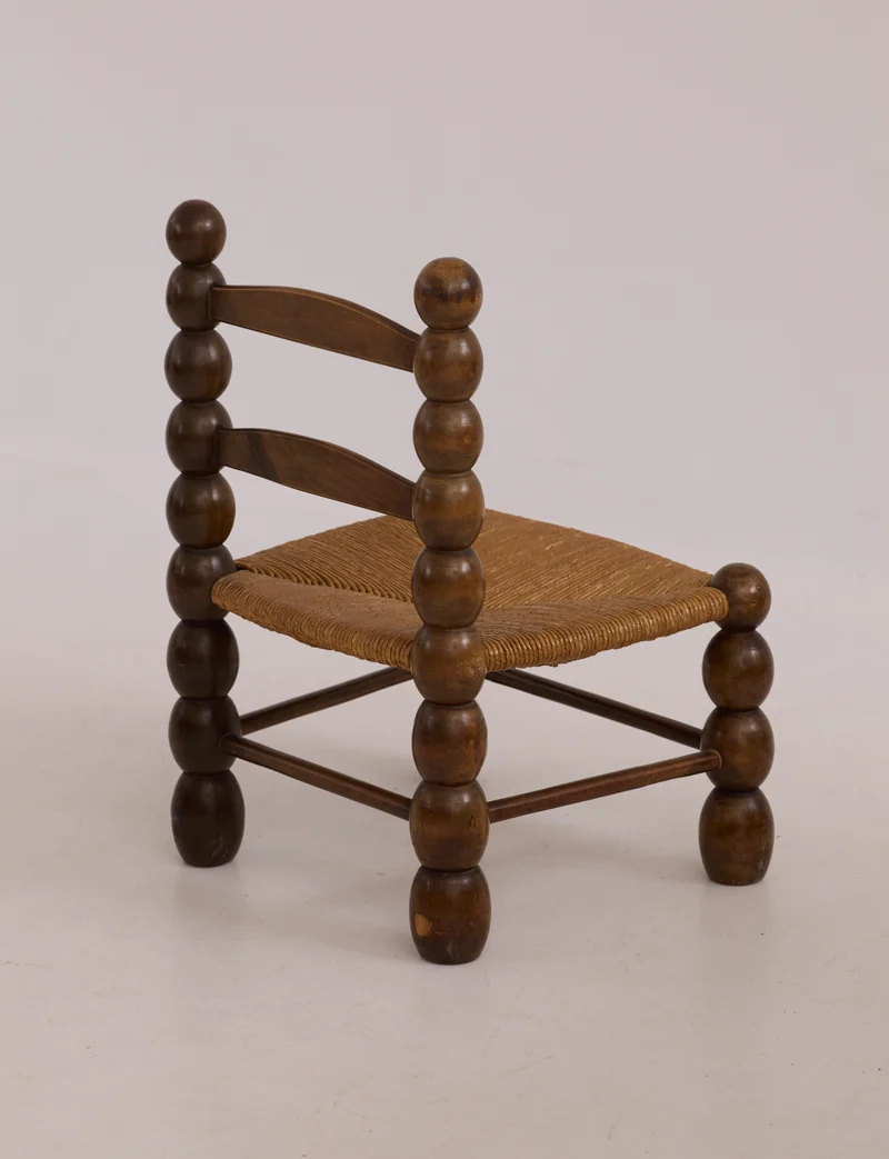Vintage French Oak Wood and Straw Low Chair C. 1940