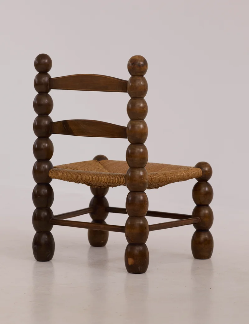 Vintage French Oak Wood and Straw Low Chair C. 1940