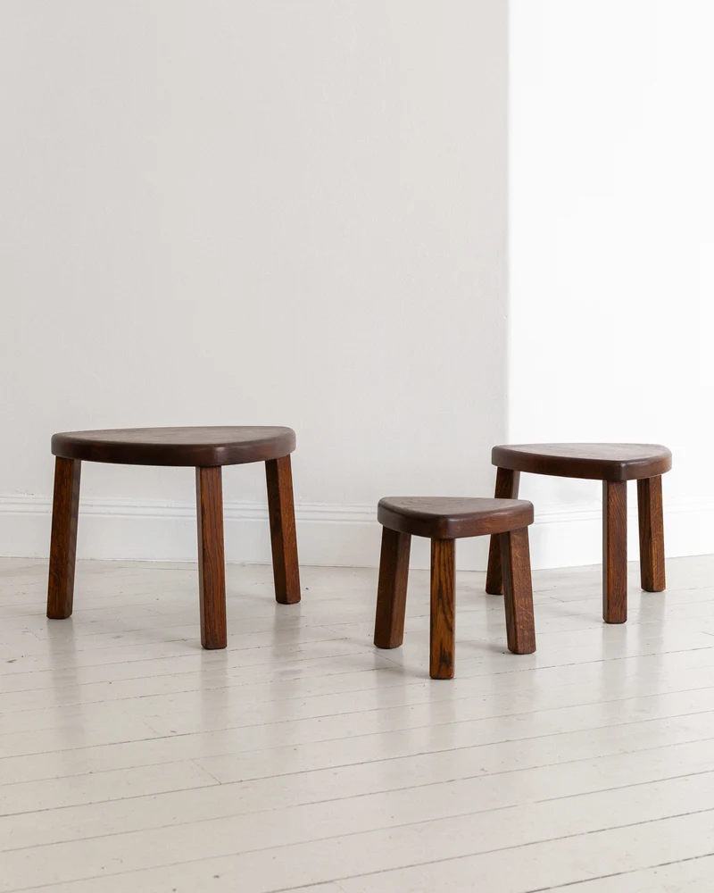 Set of Three Oak Brutalist Nesting Tables, Netherlands, 1970s