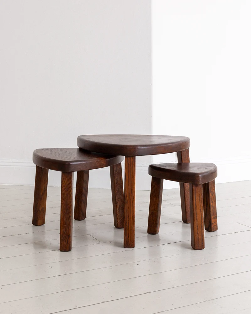 Set of Three Oak Brutalist Nesting Tables, Netherlands, 1970s