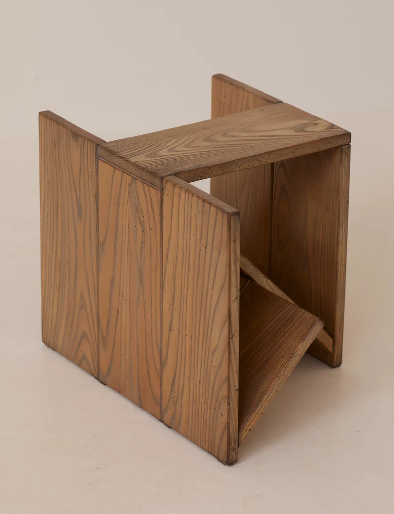 Vintage Side Table / Magazine Rack in Elm Wood by Alain Ladroit for Maison Regain C. 1980