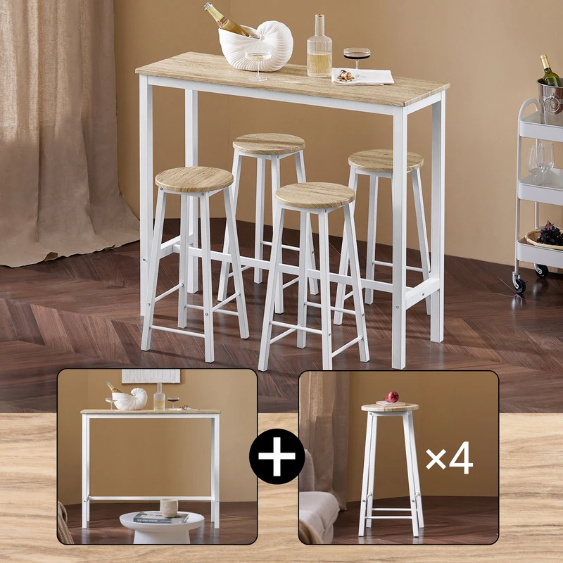 SoBuy OGT22-WN Ensemble Table de Bar + 4 Tabourets – Table Haute 120 cm, Repose-Pieds, Tabourets Rangeables, Blanc