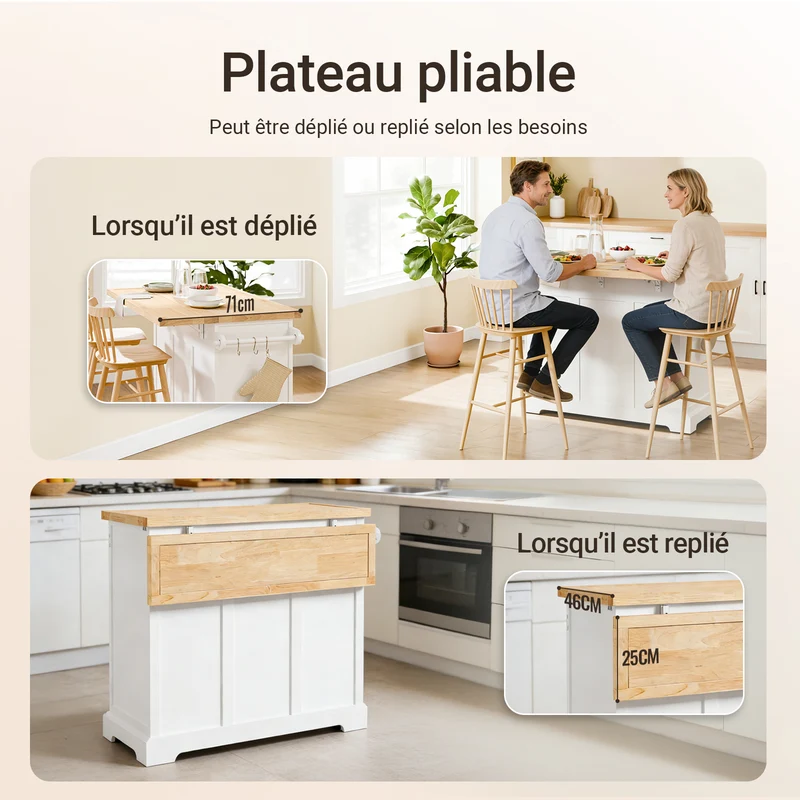 SoBuy FKW71-III-WN Ìlot Cuisine Mobile avec Plan Extensible – Desserte Gain de Place, Blanc