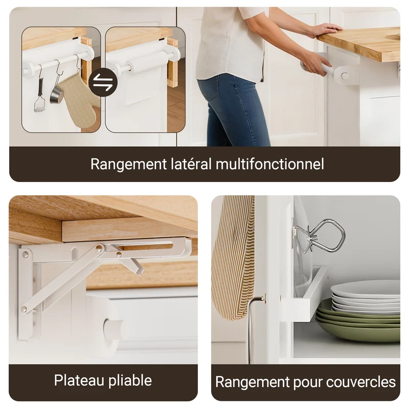 SoBuy FKW71-III-WN Ìlot Cuisine Mobile avec Plan Extensible – Desserte Gain de Place, Blanc