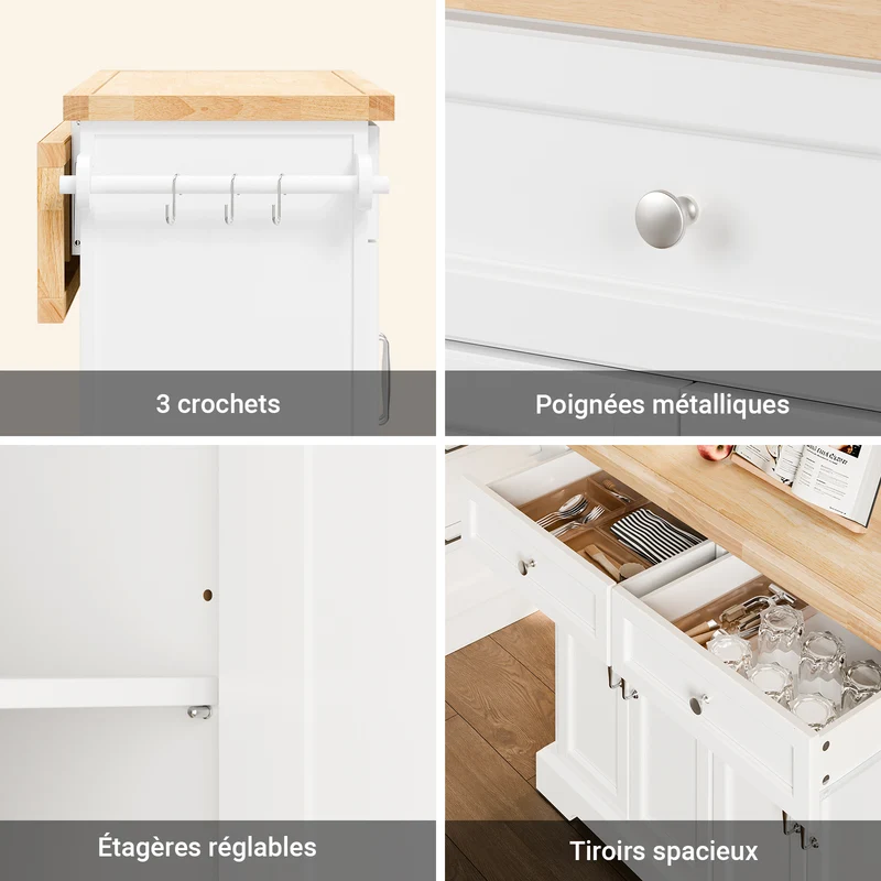 SoBuy FKW71-III-WN Ìlot Cuisine Mobile avec Plan Extensible – Desserte Gain de Place, Blanc