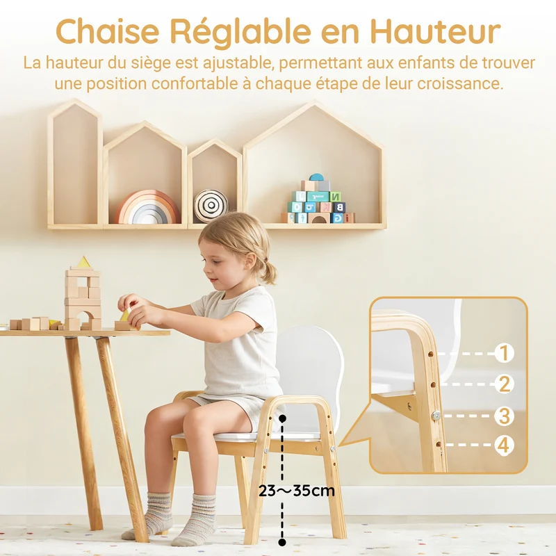 SoBuy KMB24-Wx2 Lot de 2 Chaises Enfant Réglables en Hauteur, 4 Positions 23–35 cm, Accoudoirs et Dossier, Charge Max. 75 kg – Blanc